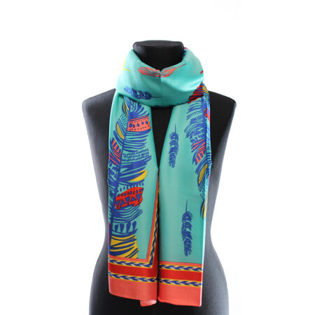 FOULARD SETA RETTANGOLARE AZZURRO CON FANTASIA ASTRATTA E PIUME