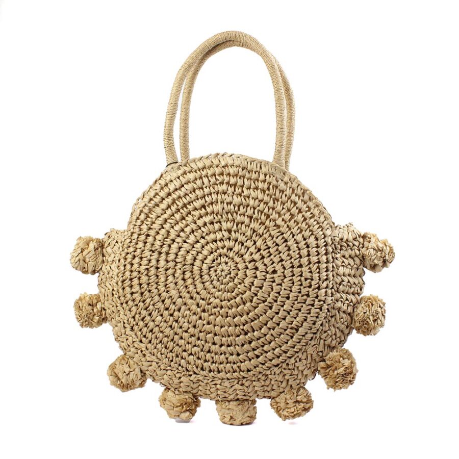 Borsa in paglia rotonda beige con pompon Kevin Jeans