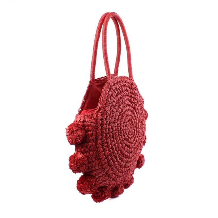 Borsa in paglia rotonda rossa con pompon Kevin Jeans