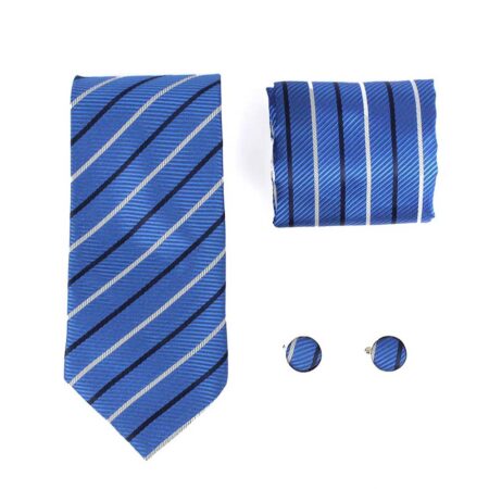 Cravatta blu e bianca con fazzoletto e gemelli Righe