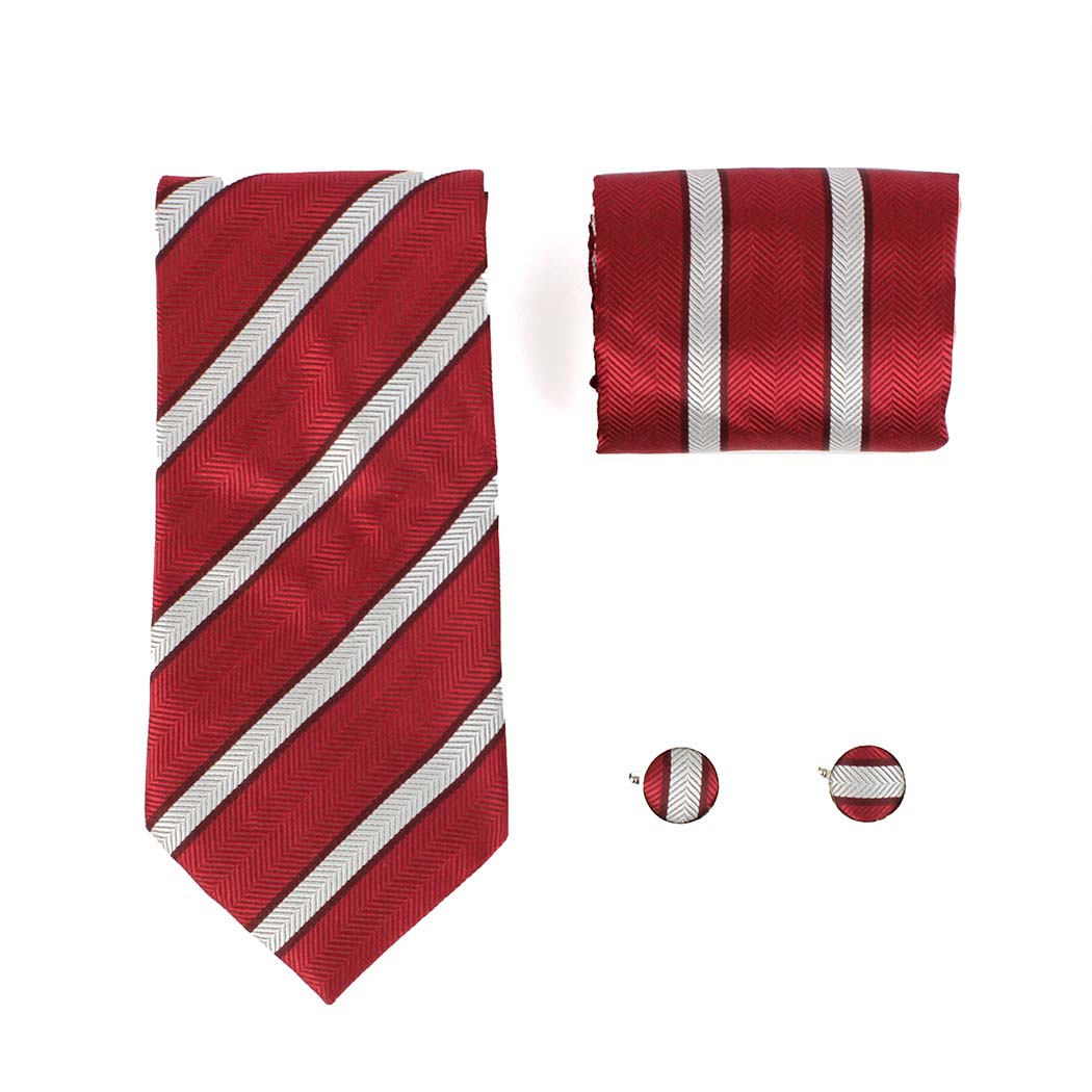 Cravatta rossa e bianca con fazzoletto e gemelli Righe