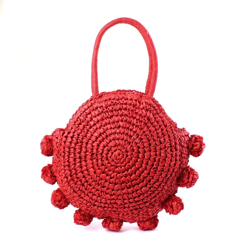 Borsa in paglia rotonda rossa con pompon Kevin Jeans