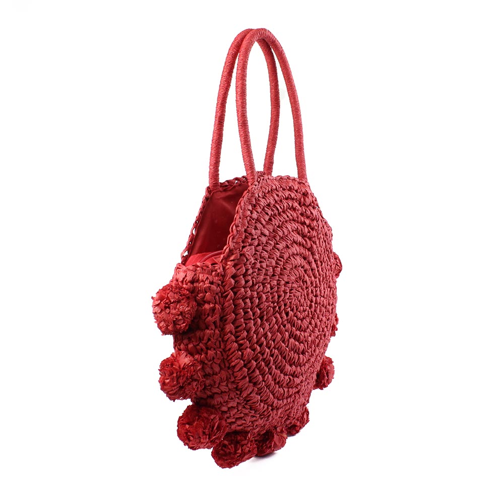 Borsa in paglia rotonda rossa con pompon Kevin Jeans